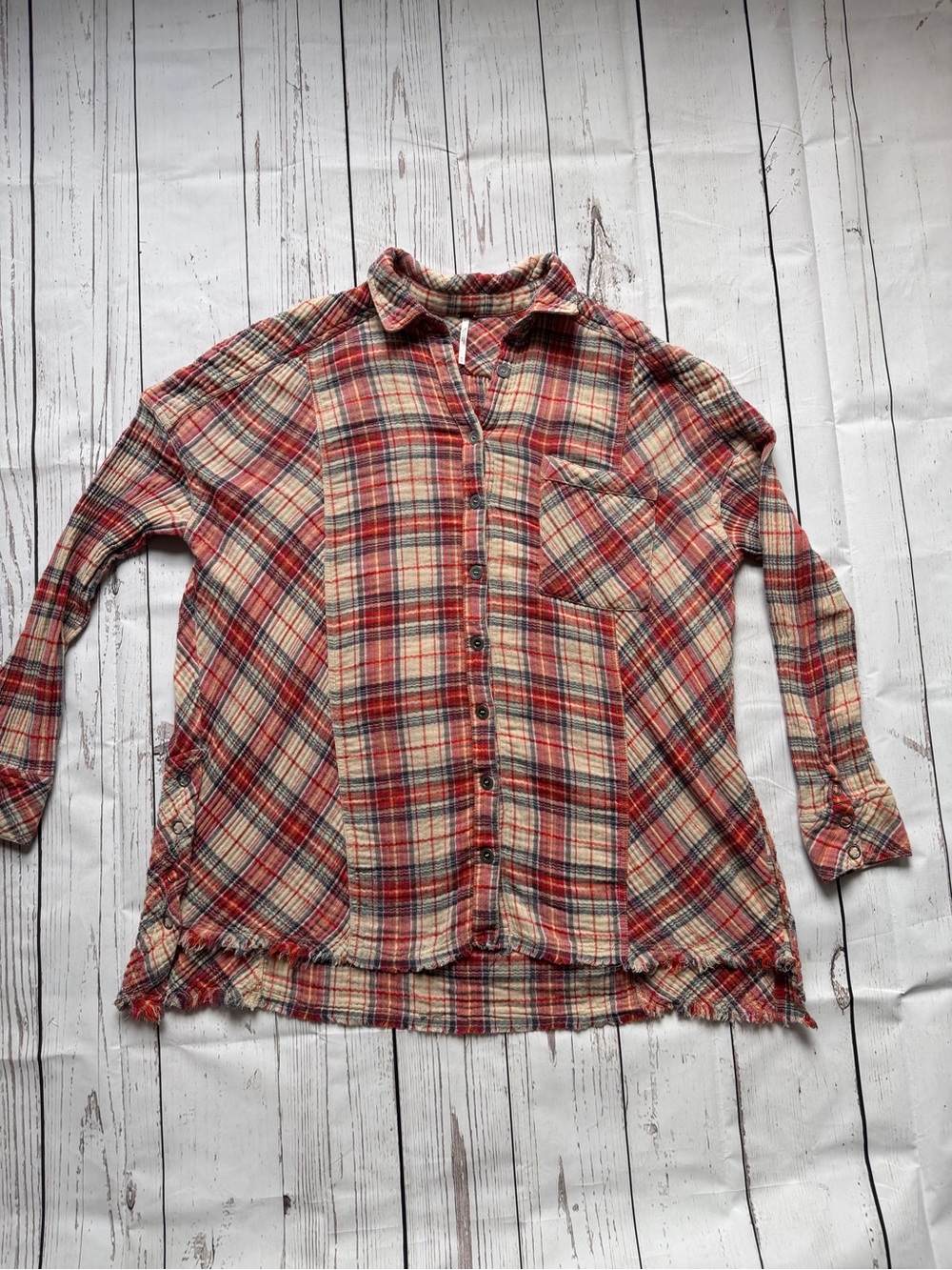 Free People Red Cream Plaid Button-Up Shirt